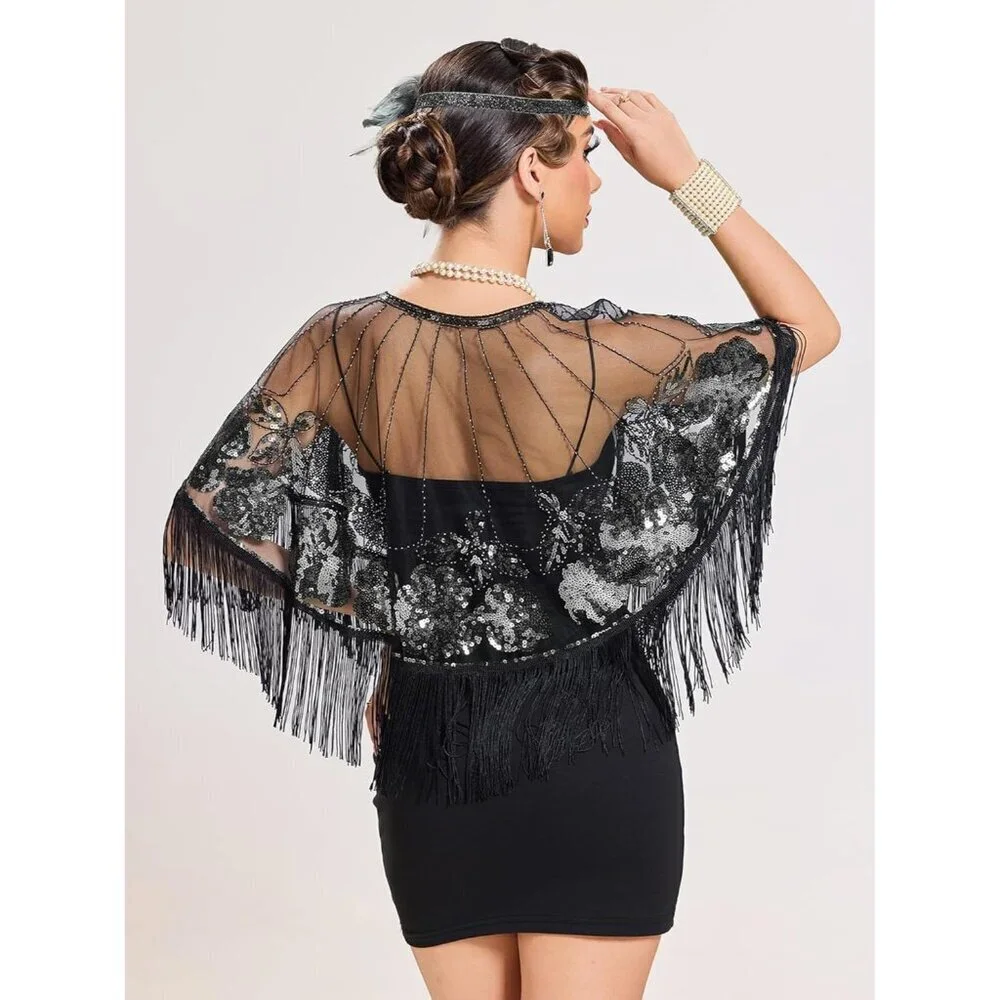 Women's Sequin Beaded 1920s Flapper Shawl Wrap for Evening Party Wedding